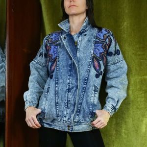 Vintage 80s 90s Oversized Acid Wash Embellished Denim Jacket