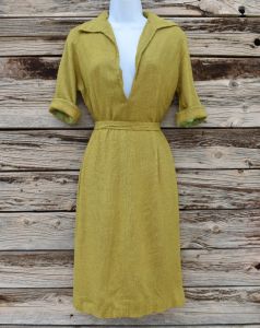 Vintage 1960s Lon of Arizona Pear Green Woven Sheath Dress with Detached Waist Tie