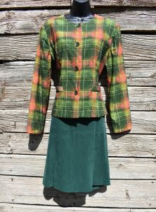 Vintage 1980's Gotham Square Green and Red Skirt and Blazer Suit Set