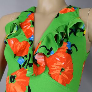 VIVID Green & Orange Floral Print Sleeveless Vintage 70s Empire Maxi Dress S M - Fashionconservatory.com