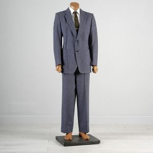 Large Mens 1970s Blue Suit Two Piece Woven Tweed Black Label Blazer Jacket - Fashionconservatory.com