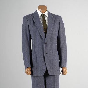 40R Mens 70s Pierre Cardin 1970s Blue Suit Two Piece Woven Tweed Black Label Blazer Jacket