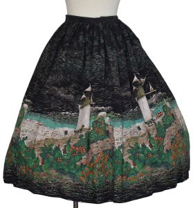 1950s Novelty Border Print Gathered Skirt, Mykonos Greece Windmill Print, Size S - Fashionconservatory.com