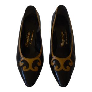 1950s Magninique I Magnin Shoes, Two Tone Black and Taupe Heels Pumps, Size 7.5 - Fashionconservatory.com