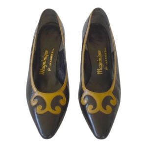 1950s Magninique I Magnin Shoes, Two Tone Black and Taupe Heels Pumps, Size 7.5