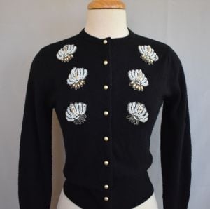 1950s Hand Beaded Cardigan Sweater in Black, Size XS to S