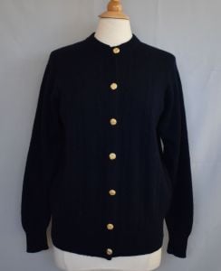 60s Cashmere Cardigan Sweater, Black Cable Knit, Gold Tone Metal Buttons, Size L Large - Fashionconservatory.com