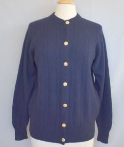 60s Cashmere Cardigan Sweater, Black Cable Knit, Gold Tone Metal Buttons, Size L Large