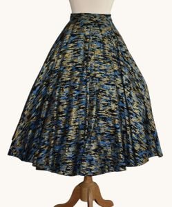 Vintage 50s Abstract Print Circle Skirt, Metallic Gold Blue Cotton, Medium - Fashionconservatory.com