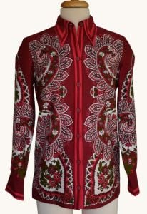 1970s Vera Neumann Burgundy Paisley and Floral Print Button Up Blouse, Size XS to S