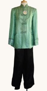 Vintage 60s Mint Green Silk Jacquard Asian Jacket, New With Tags, Size L Large - Fashionconservatory.com