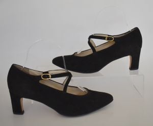 1980s Bally Black Suede Mary Jane Shoes, Sequoia Heels, Cross Ankle Strap, Size 8 - Fashionconservatory.com