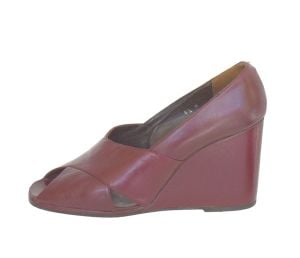 1980s Gamins Wedge Shoes, Peep Toe, Burgundy Leather, Women Size 8.5 M
