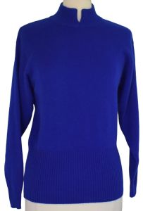 1990s Panache Blue Cashmere Italian Pullover Sweater, Split Mock Turtleneck, Size Medium