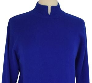 1990s Panache Blue Cashmere Italian Pullover Sweater, Split Mock Turtleneck, Size Medium - Fashionconservatory.com