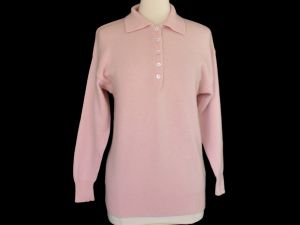 1980s Neiman Marcus Collection Pink Cashmere Collared Polo Style Sweater, Size Medium to Large - Fashionconservatory.com