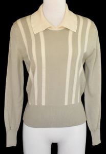 1970s Jaeger Stripe Wool Pullover Collared Sweater, Taupe Intarsia Knit Pullover S to M