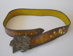 1970s Unisex Hand Tooled and Painted Leather Belt - Native American Style Buckle, Women XL, Men M L - Fashionconservatory.com