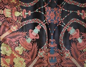 1940s Black and Coral Pink Silk Taj Mahal Piano Shawl, Fringed Jacquard Brocade  Scarf