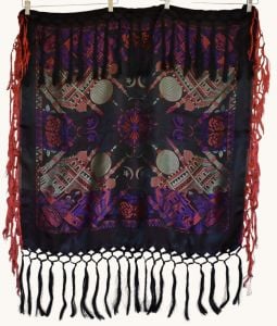 1940s Taj Mahal Fringed Piano Shawl, Black and Purple Fringed Silk Satin Scarf - Fashionconservatory.com