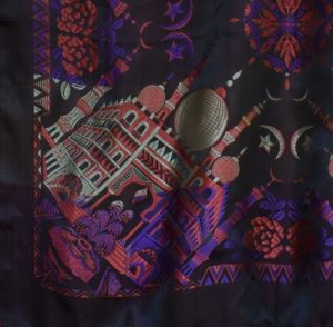 1940s Taj Mahal Fringed Piano Shawl, Black and Purple Fringed Silk Satin Scarf