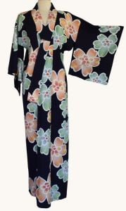 1960s Japanese Cotton Kimono Robe, Blue Floral Print, Size M-L - Fashionconservatory.com