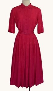 1960s Silk Jacquard Rose Shirtdress, Hot Pink Full Skirted Shirt Dress, S - Fashionconservatory.com