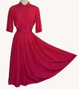 1960s Silk Jacquard Rose Shirtdress, Hot Pink Full Skirted Shirt Dress, S