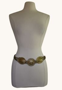  1990s Brass Chain Link Belt, 3D Lion Medallion Heraldic Waist Accessory, S, M, L - Fashionconservatory.com