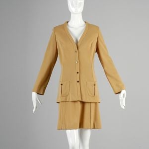 XS Tan Skirt Suit 1960s Knit Boxy Jacket Ensemble Mini Skirt Two Piece Set