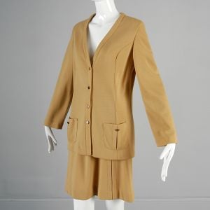 XS Tan Skirt Suit 1960s Knit Boxy Jacket Ensemble Mini Skirt Two Piece Set - Fashionconservatory.com