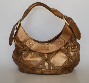 Y2K Stuart Weitzman Handbag, Soft 3-D Embossed Metallic Bronze Leather, Top Handle