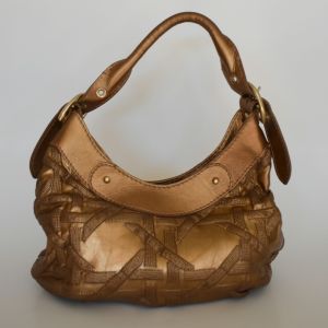 Y2K Stuart Weitzman Handbag, Soft 3-D Embossed Metallic Bronze Leather, Top Handle - Fashionconservatory.com
