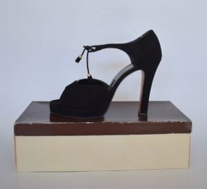 1980s Kimel California Shoes, 1980s Black Suede Platform High Heel Sandals in Box Size 8.50 N - Fashionconservatory.com
