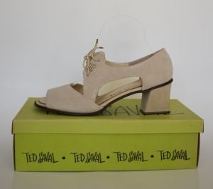 1960s Ted Saval Suede Lace Up Shoes, Peep Toe Chunky Heel, New In Box, (Size 8)
