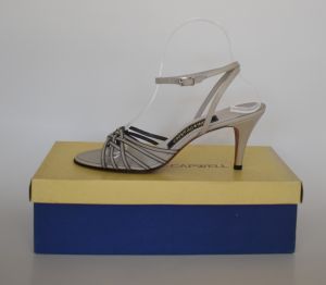 1980s DAntonio High Heel Shoes, Dove Gray Leather Strappy Sandals, Ankle Straps, New in Box - Fashionconservatory.com