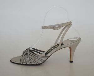 1980s DAntonio High Heel Shoes, Dove Gray Leather Strappy Sandals, Ankle Straps, New in Box