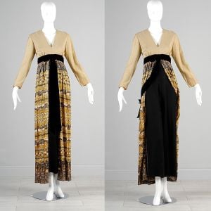 Large 1970s Gold Metallic Long Sleeve Maxi Skirt Slit Front Jumpsuit