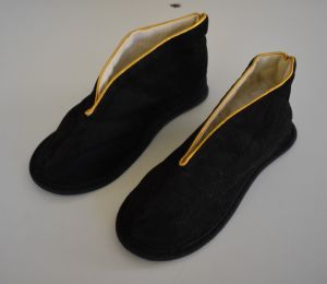 40s Lady Pauline Paddies Black Corduroy Slippers With White Fold Down Cuffs, Unworn, Size 6.5