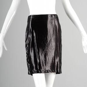 XS 1980s Mini Skirt Shiny Black Metallic Lame Pencil Skirt Punk Rocker Femme Fatale Mini Skirt - Fashionconservatory.com