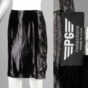 XS 1980s Mini Skirt Shiny Black Metallic Lame Pencil Skirt Punk Rocker Femme Fatale Mini Skirt