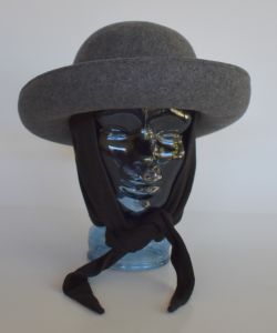 1990s Gray Wool Felt Breton Hat with Black Jersey Knit Scarf by Betmar New York, Size Small - Fashionconservatory.com