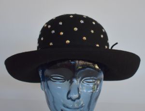 1990s Black Wool Felt Breton Hat Embellished with Studded Faceted AB Rhinestones Designed by Sylvia