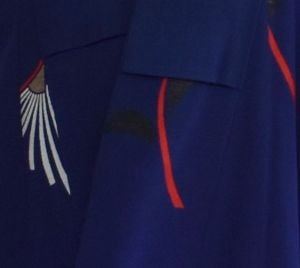 1930s Japanese Silk Kimono In Navy Blue with White Fans Accented with Metallic Gold and Red - Fashionconservatory.com