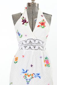 1970s White Embroidered Mexican Halter Hippy Boho Maxi Dress - Fashionconservatory.com