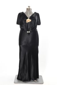 1930s Black Satin Caped Flutter Sleeve Bias Cut Plus Size Art Deco Evening Gown Dress - Fashionconservatory.com
