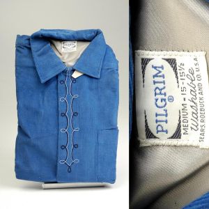 Medium 1950s Deadstock Shirt Rockabilly Blue Corduroy Loop Collar Mid Century Long Sleeve