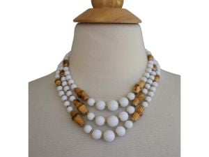 1960s Bib Necklace - Bamboo and White Lucite Beads, Three Strand, Made in West Germany - Fashionconservatory.com