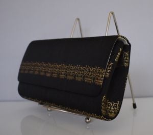 60s Tatsumuma Japan Black Silk Metallic Gold Brocade Clutch Purse with Kabuki Figures - New in Box - Fashionconservatory.com