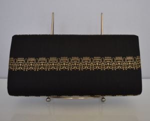 60s Tatsumuma Japan Black Silk Metallic Gold Brocade Clutch Purse with Kabuki Figures - New in Box